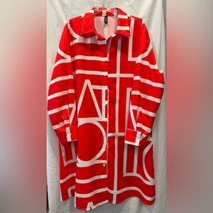 STYLEWE Red and White Geometric Button-Up Shirt Dress